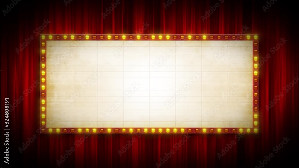 Broadway Cinema Background With Marquee Sign And Red Curtains/ 4k animation of a cinema or broadway theater background with marquee sign and red curtains