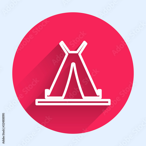 White line Traditional indian teepee or wigwam icon isolated with long shadow. Indian tent. Red circle button. Vector Illustration