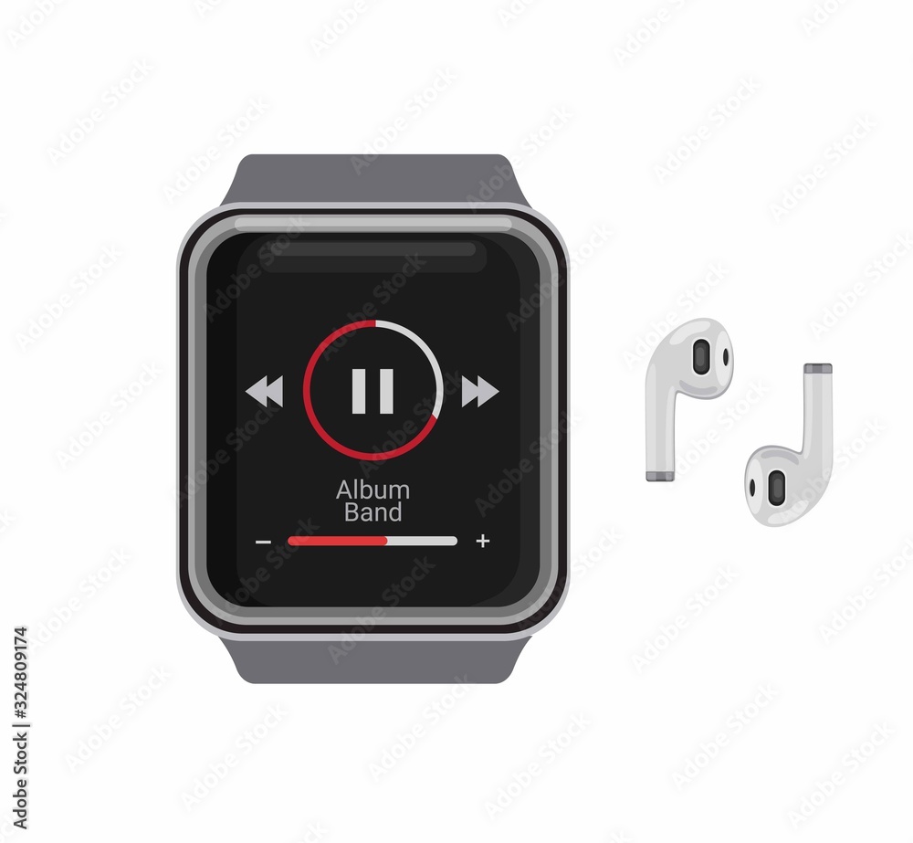 smartwatch music player with wireless earphone. realistic mockup template illustration editable vector isolated in white background smartwatch music player with wireless earphone. realistic mockup template illustration editable vector isolated in white background