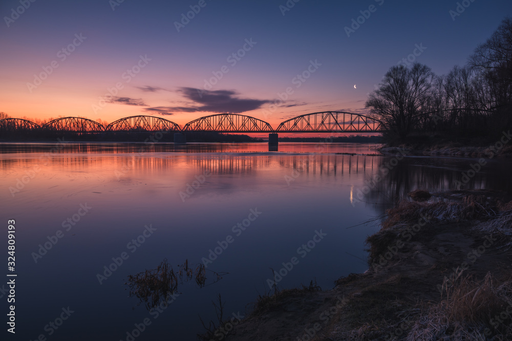 Trailway bridge over the Vistula river at night in Gora Kalwaria, Poland Trailway bridge over the Vistula river at night in Gora Kalwaria, Poland
