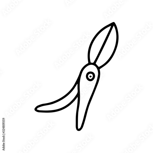 Pruners in hand drawn doodle style isolated on white background. Vector outline stock illustration. Sign gardening element.