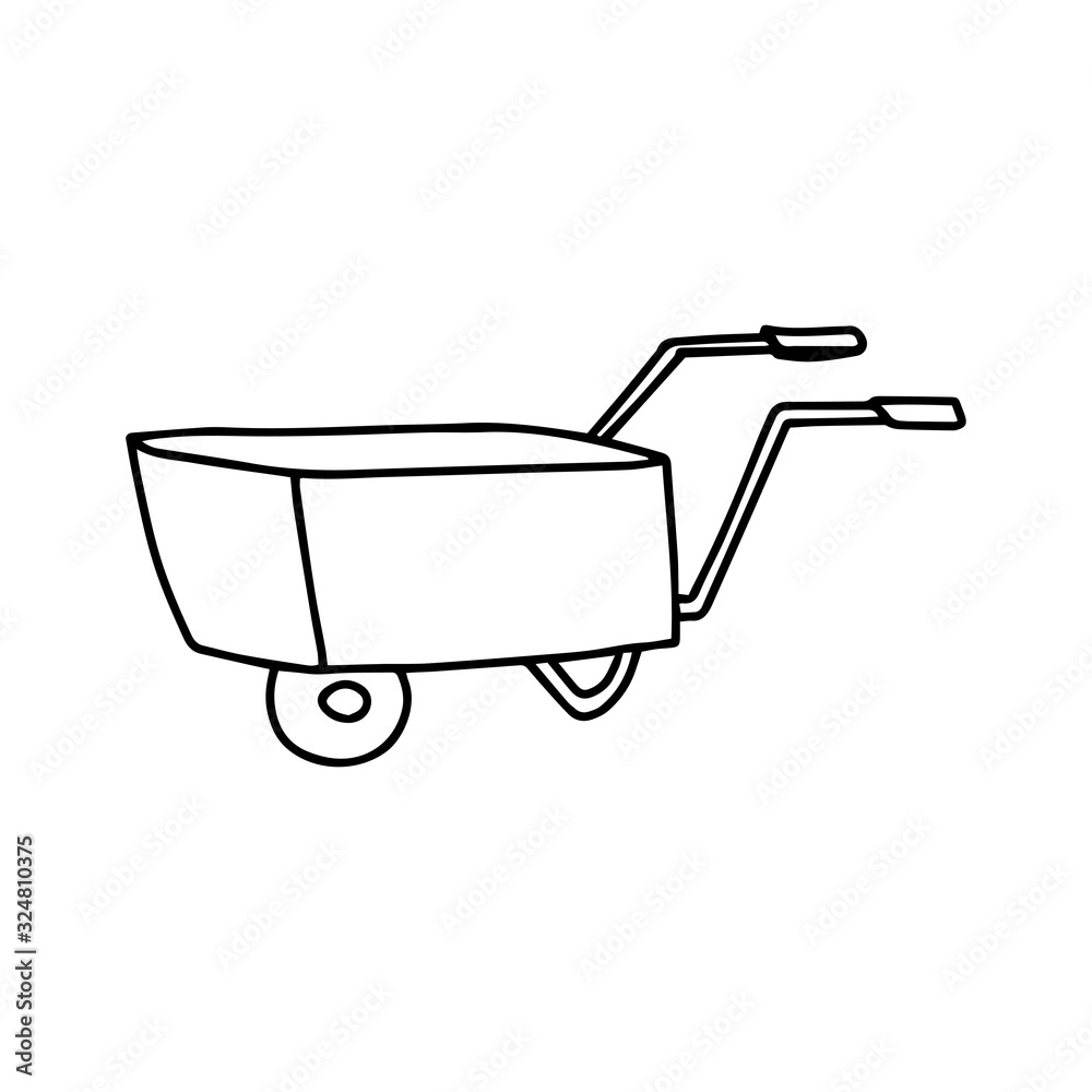 Wheelbarrow on one wheel in hand drawn doodle style isolated on white background. Vector outline stock illustration. Wheelbarrow on one wheel in hand drawn doodle style isolated on white background. Vector outline stock illustration.