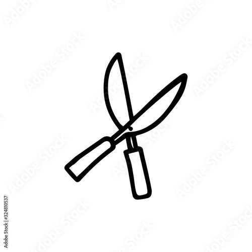 Pruners in hand drawn doodle style isolated on white background. Vector outline stock illustration. Sign gardening element.