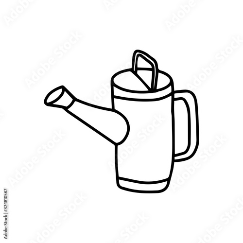 Watering can in hand drawn doodle style isolated on white background. Vector outline stock illustration.