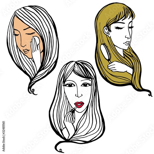 Female faces set contours color hand drawing fashionista make-up facial hair style