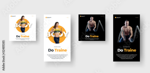 Flyer design on a black and white background, with a girl and a guy, on the theme of sports and nutrition.