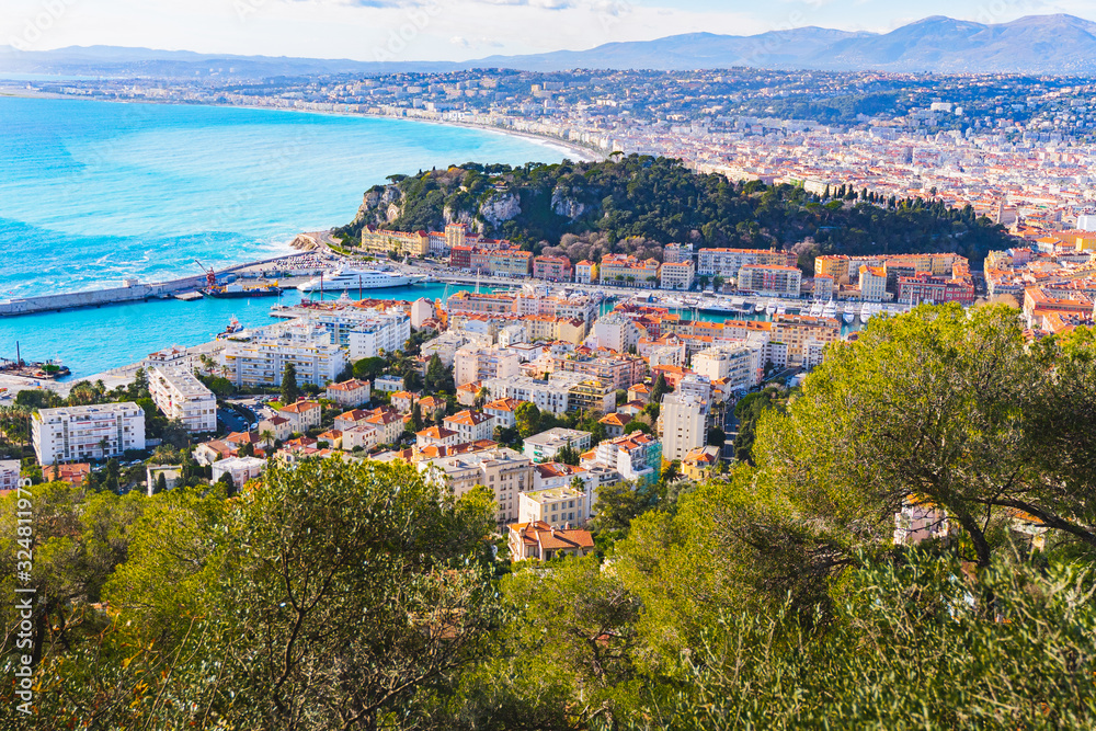 French Riviera coast with medieval town Villefranche sur Mer, Nice region, France. scenery panoramic aerial cityscape view of Nice, France. Landscape of harbor, port in Nice. Cote d'Azur France.