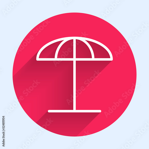 White line Sun protective umbrella for beach icon isolated with long shadow. Large parasol for outdoor space. Beach umbrella. Red circle button. Vector Illustration