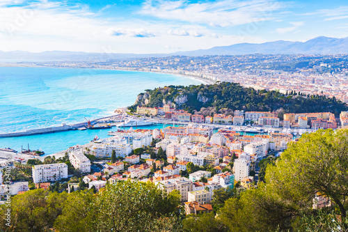 scenery panoramic aerial cityscape view of harbour Nice, France. Landscape of harbor, port in Nice. Cote d'Azur France.Villefranche sur Mer, France. Seaside town on the French Riviera