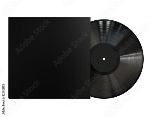 Black Vinyl Disc Record with Black Cover Sleeve and Black Label . 3D Render Isolated on White Background. photo