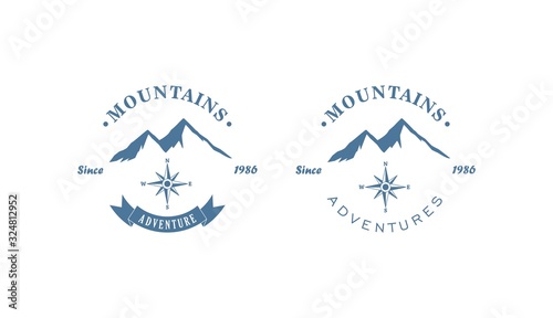 Set of color logos adventure in the mountains .Vector illustration of a mountain, compass and text on a white background. Illustration advertises a trip to the mountains.