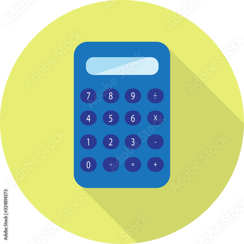 vector flat icon digital calculator Looks like a blue plastic isolated on a greenish yellow background with long shadow. It is used for calculating. Suitable for businessmen, students, vendors.