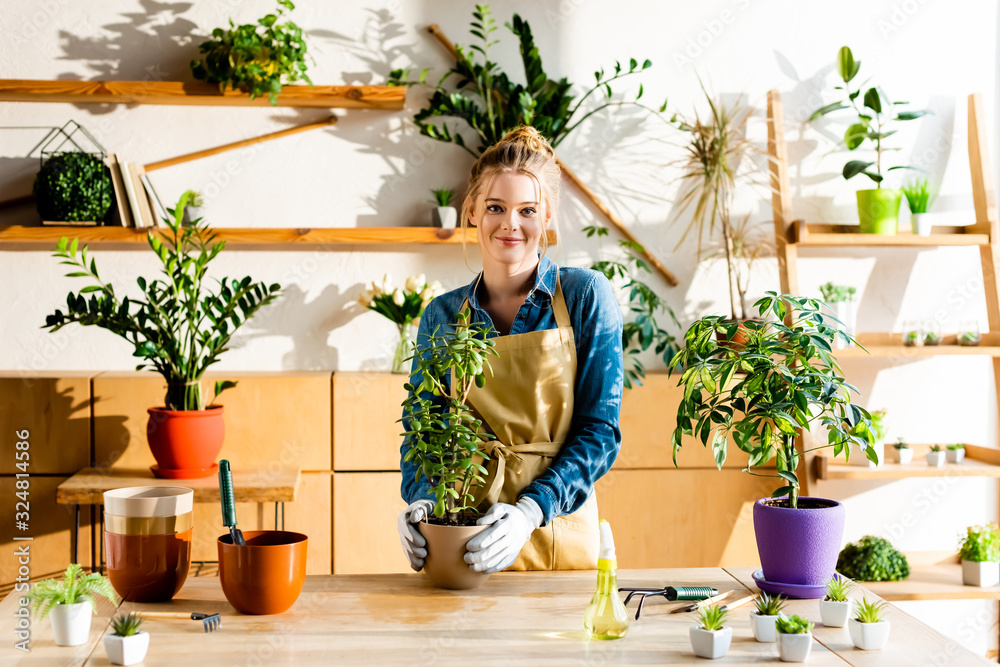 happy girl in apron and gloves smiling near green plants