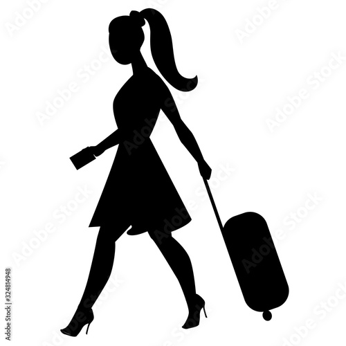 silhouette. Vector illustration of a traveling young woman with passport and suitcase isolated on white.