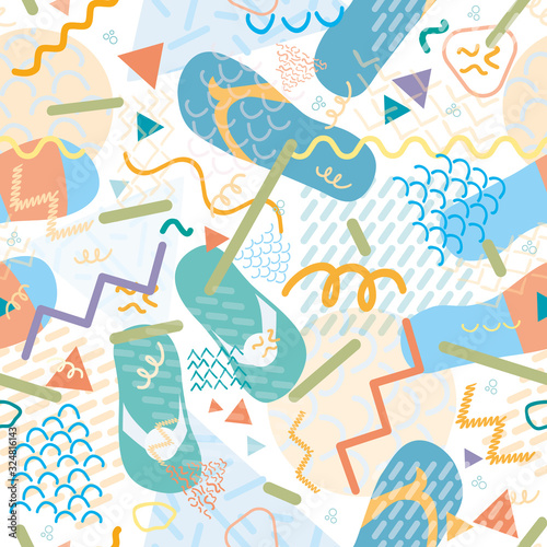 Seamless flip flop shoe vector pattern background. Modern hand drawn Memphis design sandals on beach backdrop. Fun tropical illustration all over print for hot summer vacation resort concept