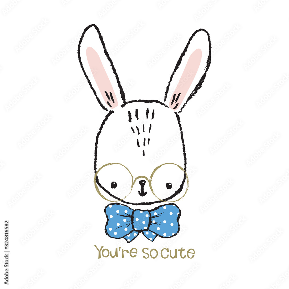 Fototapeta premium Cute Bunny Portrait in Glasses. Hand Drawn Lettering