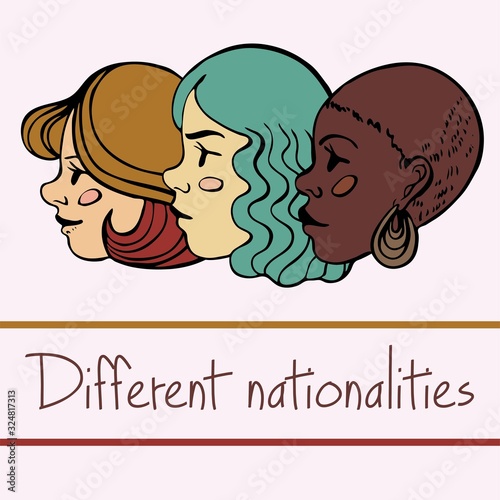 Female head face vector illustration text hand drawing different nationalities