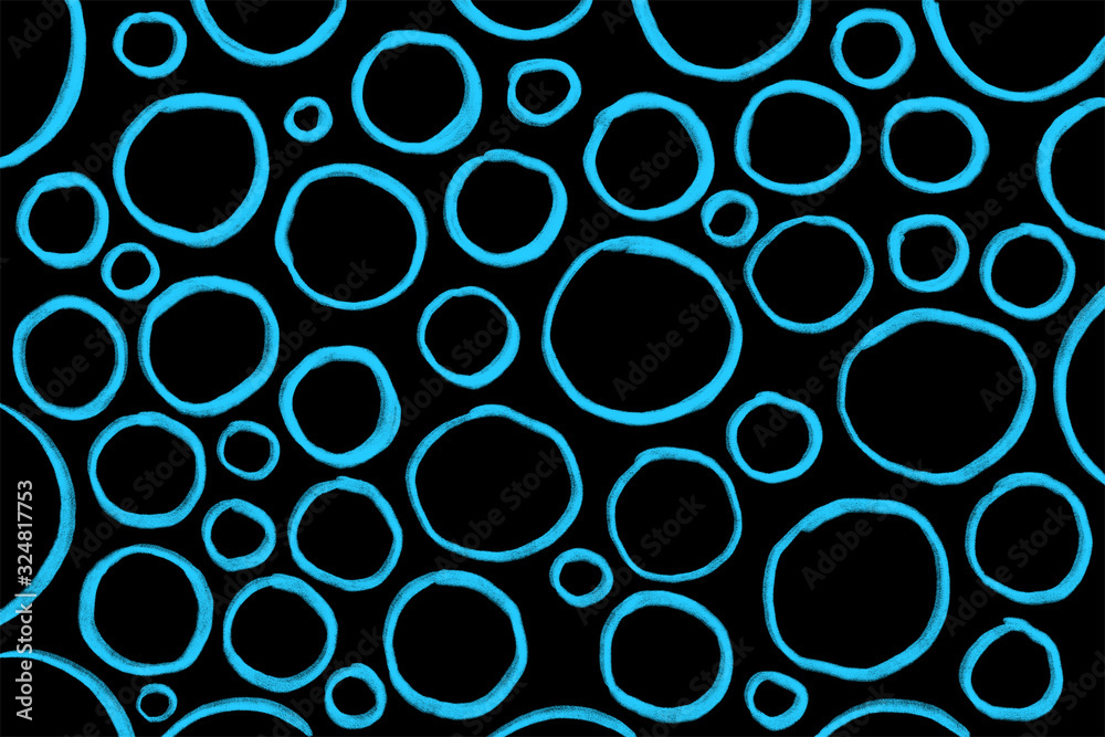 Blue rounds, circles and rings on the black background. Abstract hand-drawn illustration of uneven hapes 