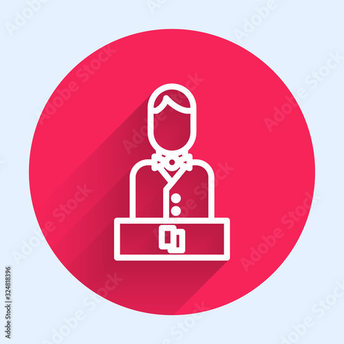 White line Casino dealer icon isolated with long shadow. Casino croupier. Red circle button. Vector Illustration