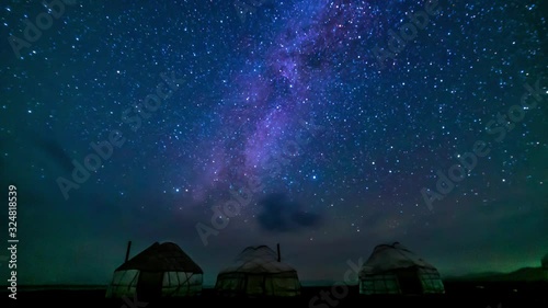Night scene of the Milky Way over Mongolian central asia yurts landscape. Time lapse video