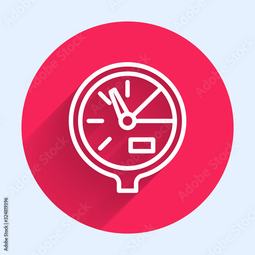 White line Water meter icon isolated with long shadow. Red circle button. Vector Illustration
