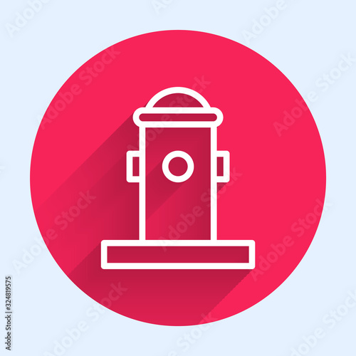 White line Fire hydrant icon isolated with long shadow. Red circle button. Vector Illustration