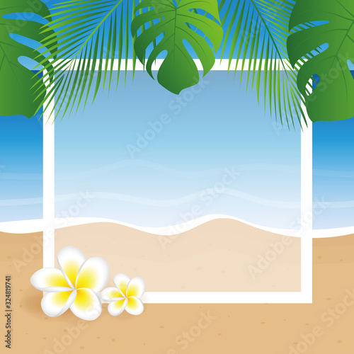 summer holiday frame on the palm beach with frangipani tropical flower vector illustration EPS10