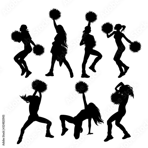 group of teenage girls with pom-poms performing cheerleader dance - black and white female vector silhouette set