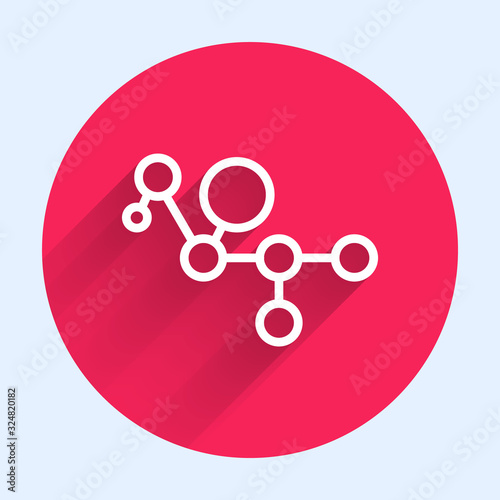 White line Cannabis molecule icon isolated with long shadow. Cannabidiol molecular structures, THC and CBD formula. Marijuana or cannabis. Red circle button. Vector Illustration
