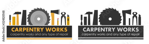 Carpentry works and any type of repair. Logo of handyman services. Carpenter. Hand tools of universal workshop. Home repair service. Woodworking carpentry shop. Foreman of woodworks. Isolated vector.