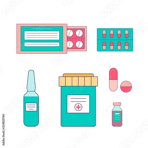 Set of medicines, pills, capsules, injections, tablets. Illustration of objects on the topic of medicine, pharmacy.