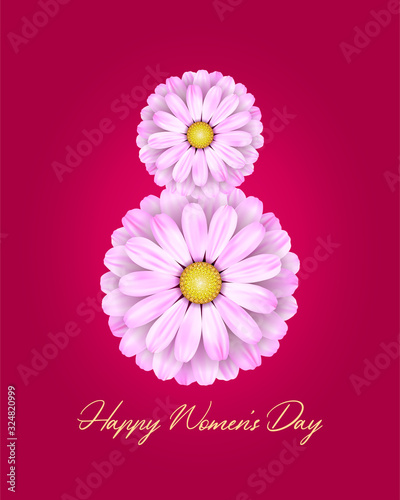 Happy Women's Day greeting card, banner, poster with pink spring flowers in the form of 8 on isolated background