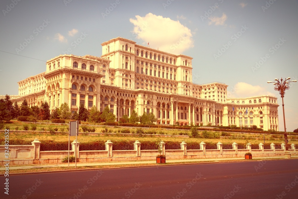 Bucharest Parliament. Vintage style filtered colors.