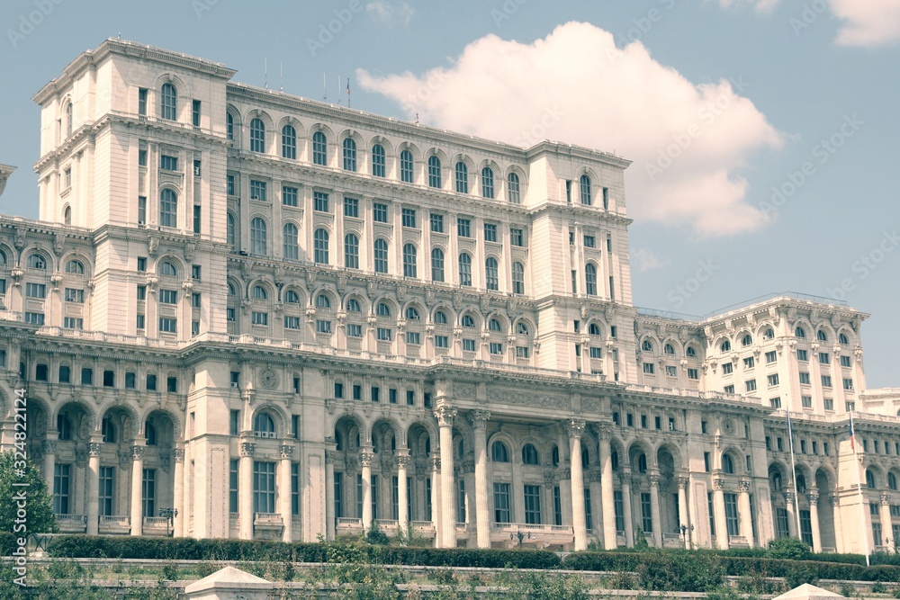 Palace of Parliament in Romania. Retro style filtered color.