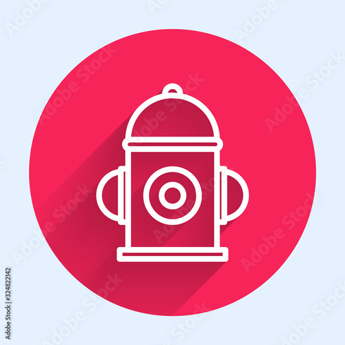 White line Fire hydrant icon isolated with long shadow. Red circle button. Vector Illustration
