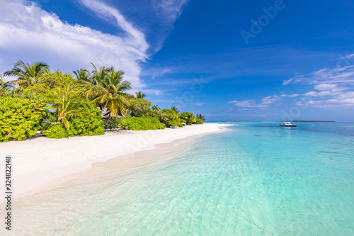 Tropical beach landscape. Amazing summer vacation and holiday scenery. Luxury tourism destination. Fantastic blue sea, calm waves, white sandy beach and palm trees