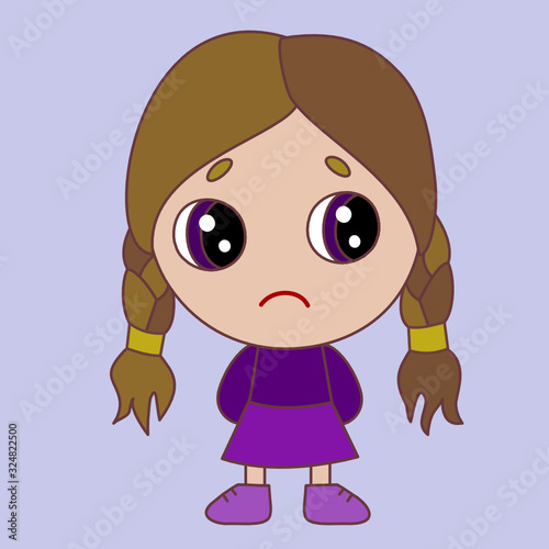 an emoticon with a cool offended chibi girl that stands with hands clasped behind its back, vector color emoji on isolated background