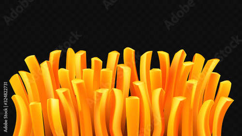 French fries. Roasted potato chips in deep fat fry oil potatoes. Yellow sticks. Fast food. Unhealthy tasty food. Horizontal banner, isolated on dark transparent background. Eps10 vector illustration