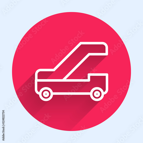 White line Passenger ladder for plane boarding icon isolated with long shadow. Airport stair travel. Red circle button. Vector Illustration