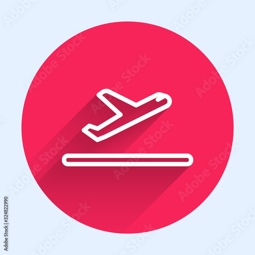 White line Plane takeoff icon isolated with long shadow. Airplane transport symbol. Red circle button. Vector Illustration