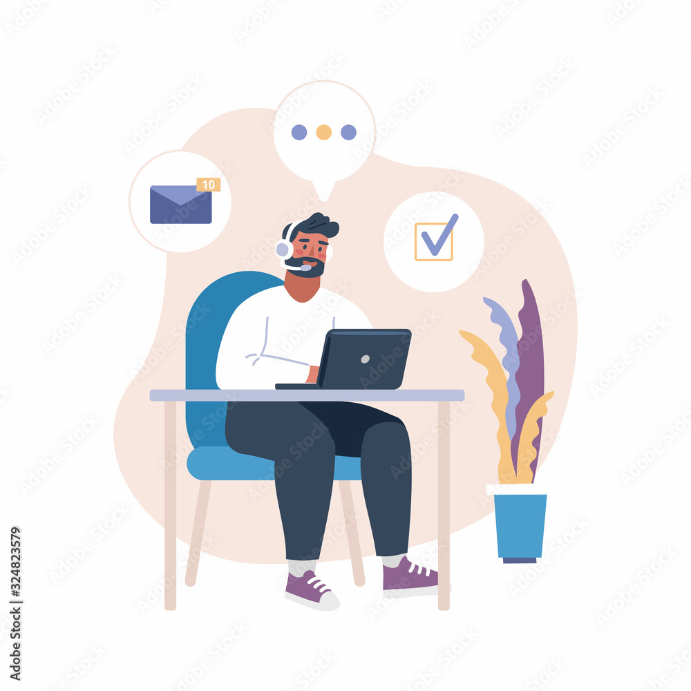 Vector illustration of man with headset working with laptop. Call center with CRM illustration Vector illustration of man with headset working with laptop. Call center with CRM illustration