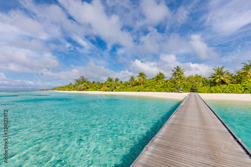 Tropical beach, Maldives. Jetty pathway into tranquil paradise island. Palm trees, white sand and blue sea, perfect summer vacation landscape or holiday banner. Beautiful tourism destination, Maldives © icemanphotos