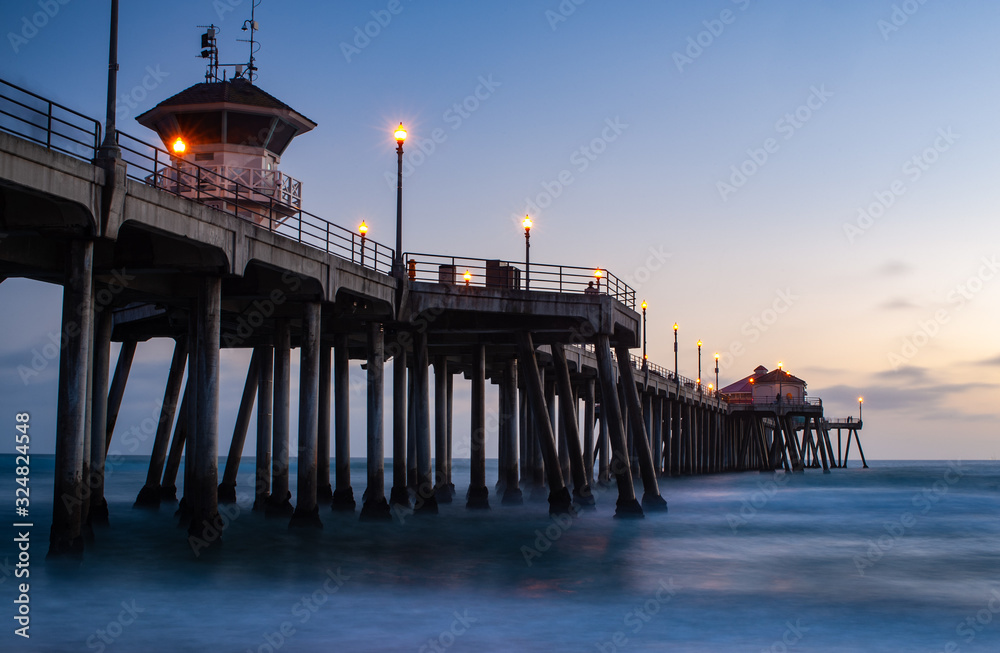 Huntington Beach pier in Southern California at dusk