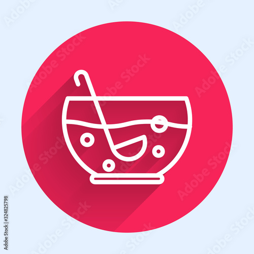 White line Mixed punch with fresh fruits in bowl icon isolated with long shadow. Red circle button. Vector Illustration