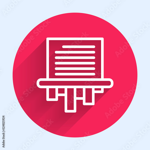 White line Paper shredder confidential and private document office information protection icon isolated with long shadow. Red circle button. Vector Illustration