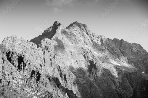 Rysy, Poland. Tatry mountain peak in Poland. Black and white retro style photo.