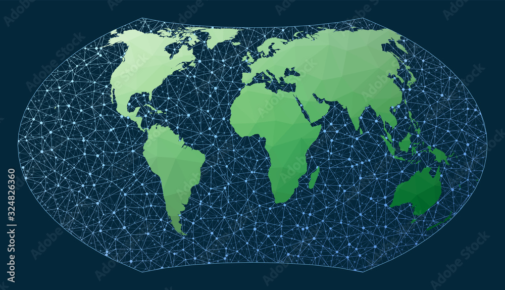 Global network concept. Wagner 7 projection. Green low poly world map with network background. Vibrant connections map for infographics or presentation. Vector illustration.
