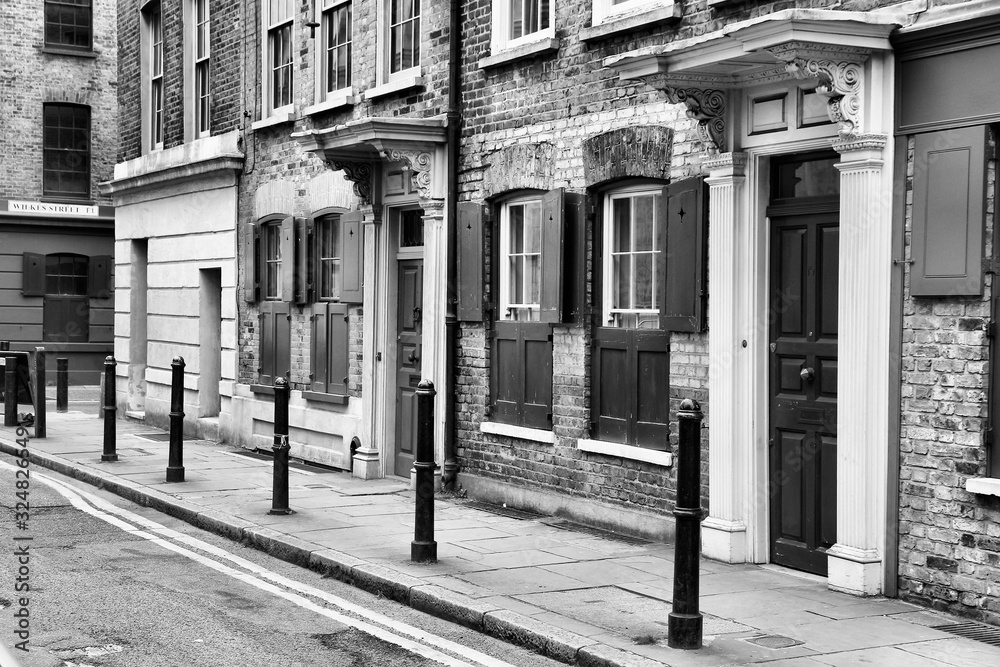 Shoreditch, London UK. Black and white retro style photo.