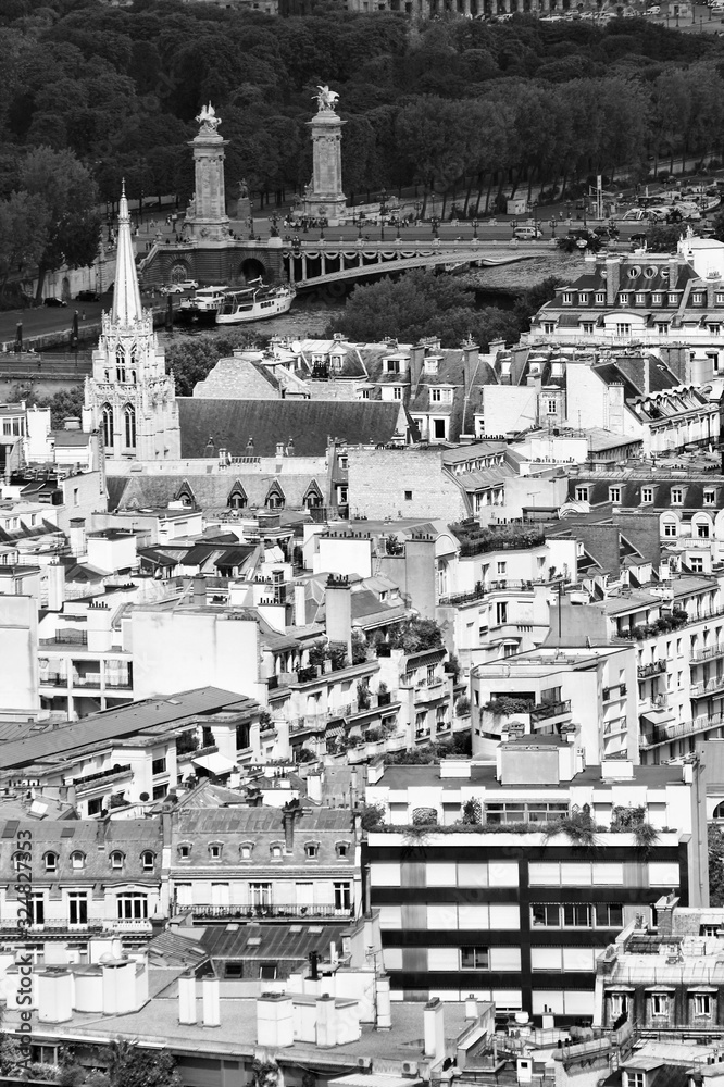 Paris aerial view. Black and white vintage style photo.