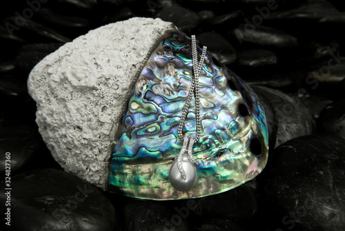White Gold Pendant With Tahitian Pearl On Rainbow Lip Pearl Oyster (Pteria Sterna) photo